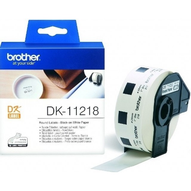 Brother DK-11218 кръгли етикети, черен текст на бяла основа